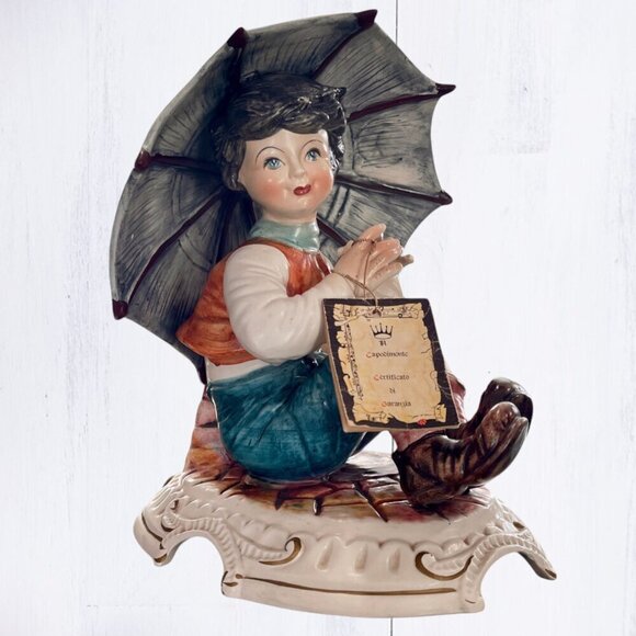 Vintage RARE Capodimonte Handmade Ceramic Boy with Umbrella Porcelain Statue